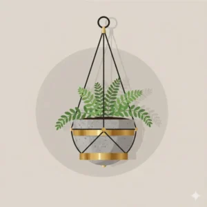 Detailed illustration of a concrete and brass hanging modern planter showing industrial design textures.
