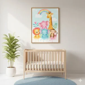 Cheerful whimsical animal print designed as nursery wall art colorful decor for a child's room.