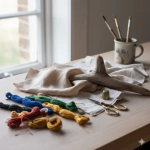A collection of materials including raw silk, linen, driftwood, and embroidery thread used for creating handmade cloth hanging art.
