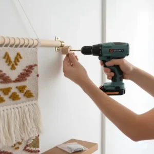 Image showing the mounting rod and method for easily installing a fabric tapestry wall hanging securely on the wall.