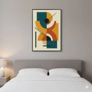 An abstract canvas print featuring bold colors and angular shapes, a contemporary take on wall art deco for a bedroom.
