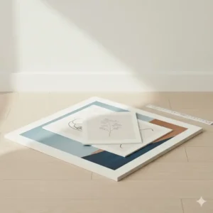 Comparison view of art print sets available in various different sizes, showing A4, A3, and A2 prints stacked to help customers choose the right scale. (Illustration 6)