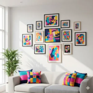 Cohesive gallery wall featuring various sizes and frames of wall art colorful pieces.