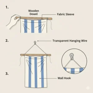 A step-by-step diagram showing how to properly hang a piece of finished cloth art using a wooden dowel rod and transparent mounting wire for the cloth hanging art.
