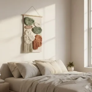 A soft and textured textile hanging art piece installed above a bed in a cozy room.