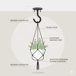 Illustration of a hanging modern planter with a focus on the sleek ceiling hook and mounting hardware.