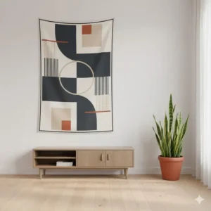 Minimalist geometric art design on large cloth wall hangings for a clean and contemporary home interior style.