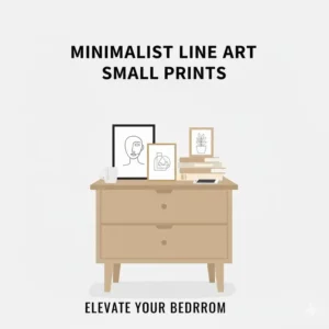 Modern minimalist line art style small prints for framing displayed on a bedside table.