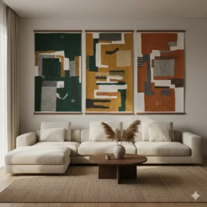 A creative collection of three separate fabric panels installed together, showing how the large cloth wall art can be displayed as a triptych or set.