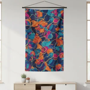 Abstract printed fabric tapestry wall hanging showcasing vibrant colors and modern design, a lightweight and affordable home decor solution.