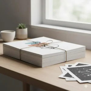 Stack of unframed art print sets tied with twine, showcasing the quality of the matte paper stock for customers looking for affordable home decor. (Illustration 7)