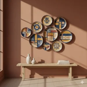 Artistic display of hand-painted ceramic plates arranged as textured handmade wall decor.
