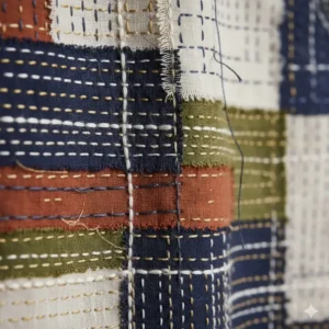 Extreme close-up of a portion of a fabric artwork, highlighting the stitching, seams, and various textures that give depth to the cloth hanging art piece.