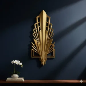 A three-dimensional metal sculpture in a streamlined, architectural style, used as a piece of decorative wall art deco on a dark-painted wall.