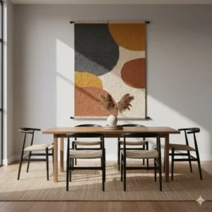 A modern, woven wall art piece installed in a dining room or home office, demonstrating the versatility of the large cloth wall art across different interior spaces.