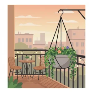 Illustration of a weatherproof hanging modern planter decorating a small apartment balcony garden.