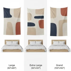 A helpful size comparison chart showing various dimensions of large cloth wall hangings relative to a queen-sized bed.