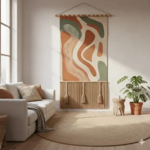 Detailed view of the stitching and fabric grain on a handcrafted modern fabric wall art decor.