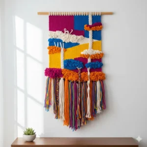 Handmade macrame textile piece adding texture and dimension as a unique form of wall art colorful accent.