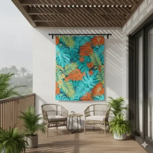 Durable, weatherproof fabric tapestry wall hanging decorating an outdoor patio space, bringing color to a covered balcony.