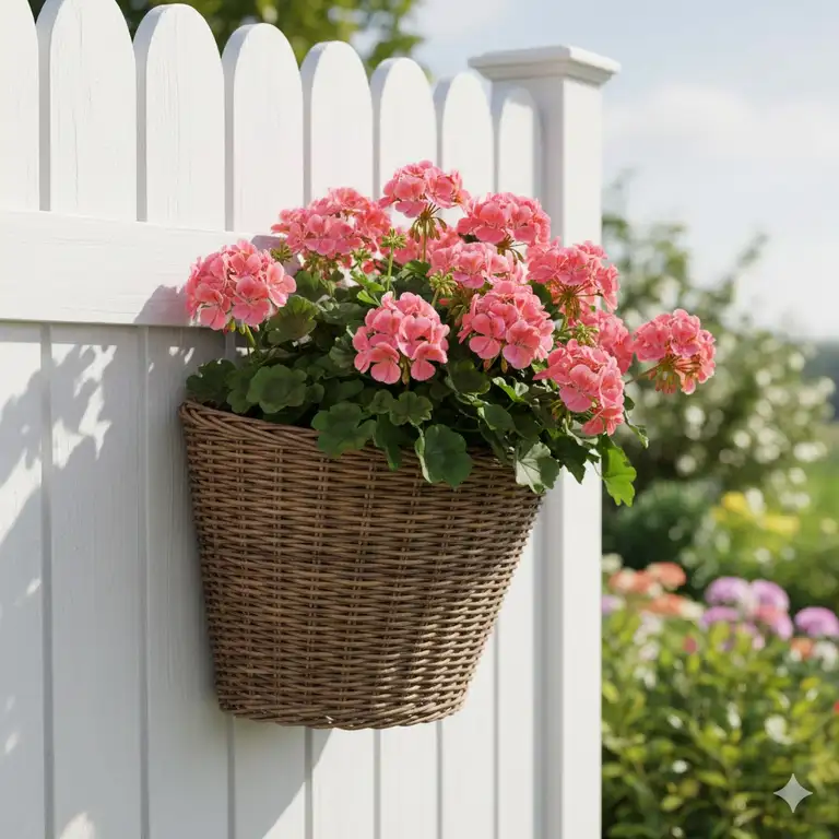 A beautiful wicker outdoor wall basket filled with pink flowers hanging on a white fence.