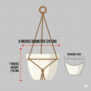 A technical diagram showing the precise width and depth of standard 8 inch hanging pots.