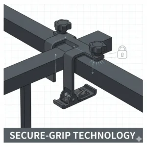 Close-up illustration showing how the heavy-duty bracket of a clip on hanging baskets securely grips a balcony rail.