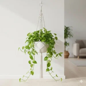 A minimalist white macrame 10 hanging planter set holding lush green pothos plants.