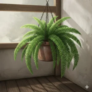 A lush green Boston fern, one of the best hanging plants for shade.