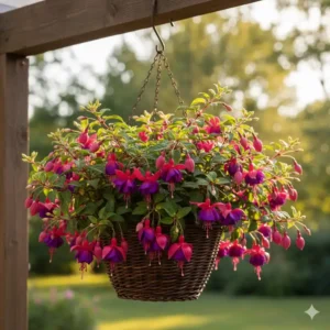 Vibrant pink trailing fuchsia flowers, known as some of the best perennials for hanging baskets in summer.