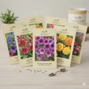 A collection of colorful seed packets specifically for various types of hanging basket seeds.