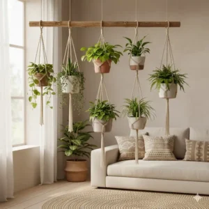 Handcrafted boho macrame 6 hanging planter set used for decorative indoor gardening.