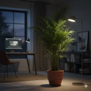 A lush green Parlor Palm, one of the best low light indoor trees, thriving in a dimly lit home office.