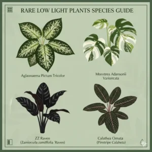 An illustrated botanical chart showing various species of rare low light plants like the Aglaonema Pictum Tricolor.