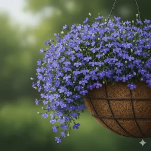 Close-up of vibrant trailing lobelia flowers spilling over a blue hanging basket plants container.
