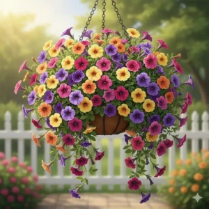 Beautiful purple trailing petunias known as some of the best flower plants for hanging baskets in full sun.