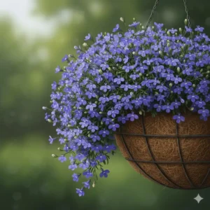 Delicate light blue Bacopa flowers blooming as part of decorative blue hanging basket plants.