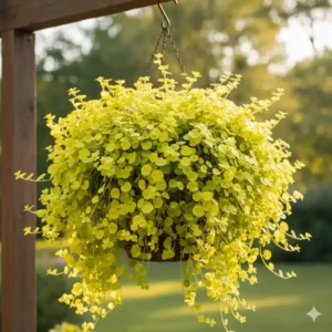Golden Creeping Jenny foliage cascading down, making it one of the best perennials for hanging baskets with decorative leaves.