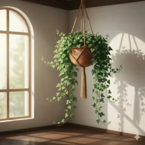 English ivy growing in a decorative basket, ideal as hanging plants for shade.