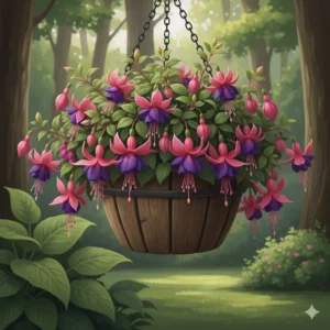 Exotic two-toned fuchsia flowers blooming as the best flower plants for hanging baskets in shaded gardens.