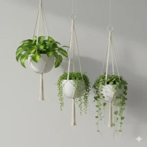 A decorative trio of small pots featuring the 4 inch hanging planter at staggered heights in a living room.