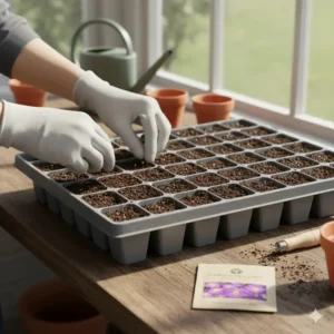 A close-up view of a gardener carefully sowing hanging basket seeds into a soil tray.
