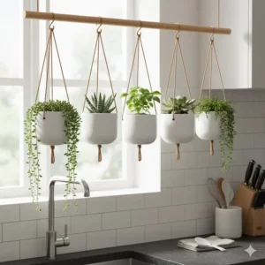Close-up of minimalist white ceramic 6 hanging planter pots for a clean kitchen aesthetic.