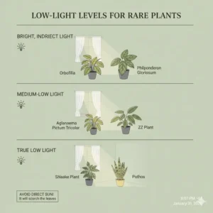 A light intensity diagram explaining the ideal indoor environment for different rare low light plants.