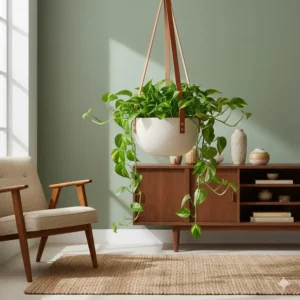 Mid-century style ceramic contemporary hanging planters with leather straps and trailing indoor plants.