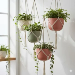 Close-up of modern ceramic pots from a 10 hanging planter collection in neutral tones.