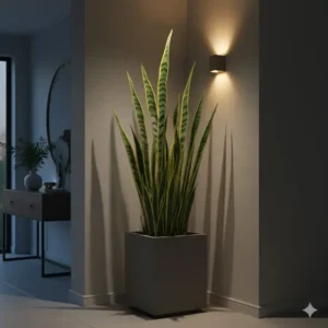 A tall Snake Plant acting as one of the best low light indoor trees for a hallway corner.