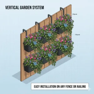 A diagram showing a vertical garden arrangement using multiple clip on hanging baskets staggered on a wooden fence.