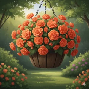 Bright orange tuberous begonias considered the best flower plants for hanging baskets for partial shade areas.