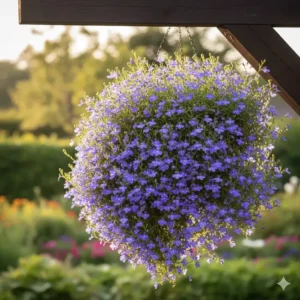 Close up of blue perennial lobelia, an excellent choice among the best perennials for hanging baskets in cooler areas.